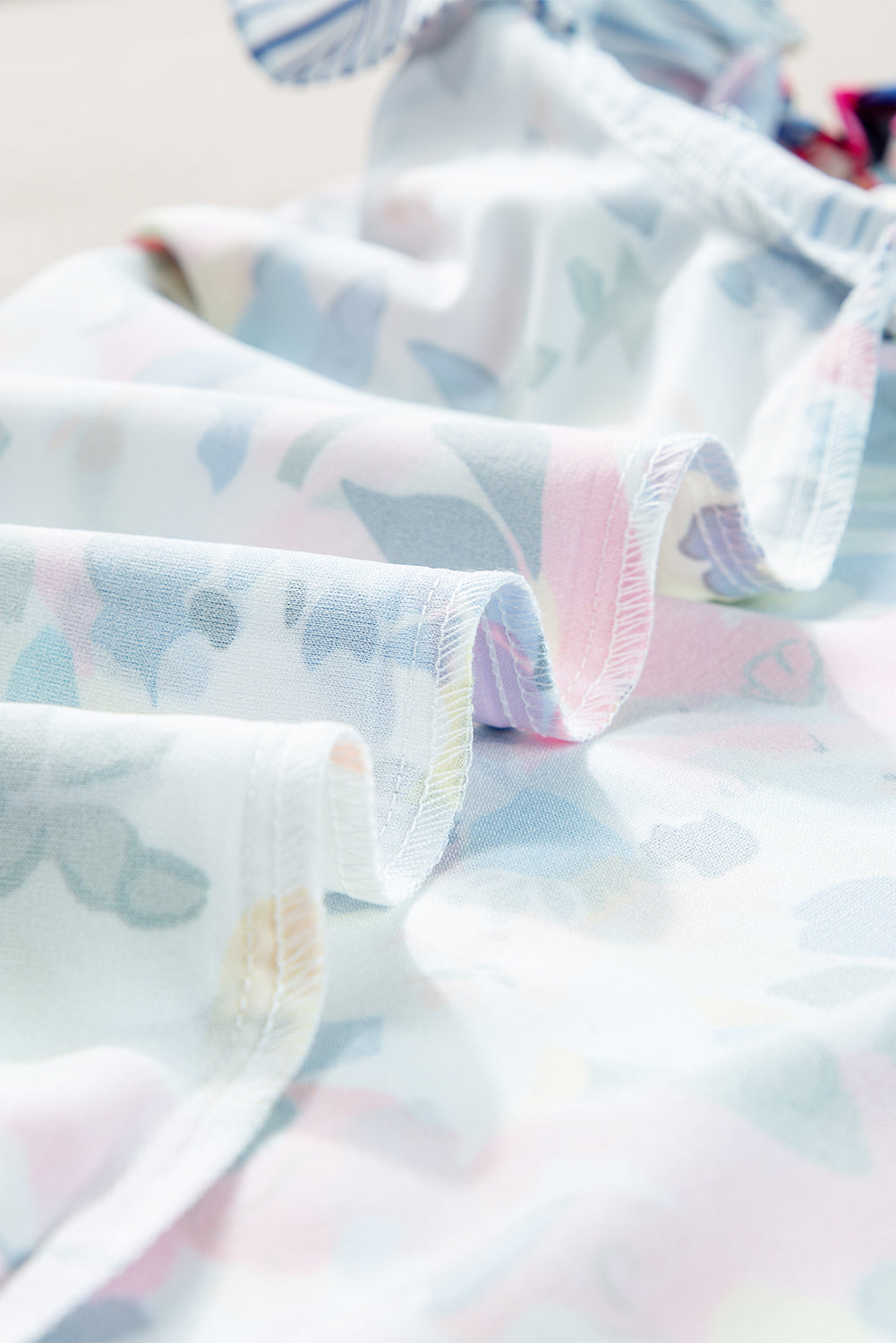 Light Blue Floral Print Striped Ruffled Sleeve Blouse - Ballimart