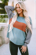 Green Colorblock Striped Bishop Sleeve Top - Ballimart