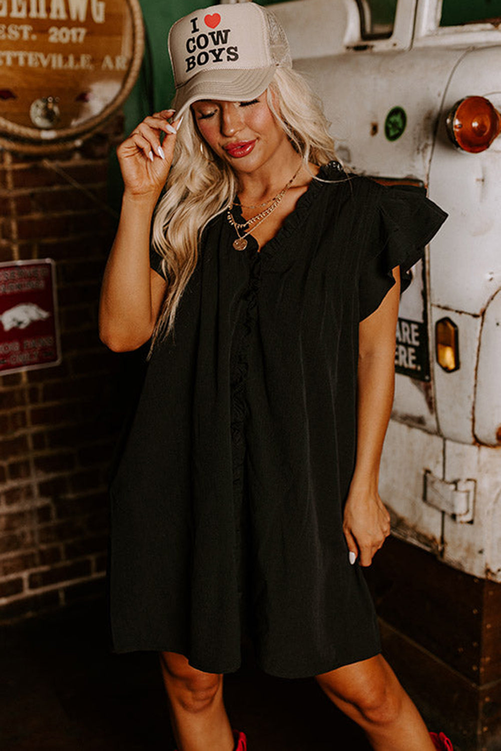 Black Ruffle Sleeve V Neck Frilled Shift Dress - Ballimart