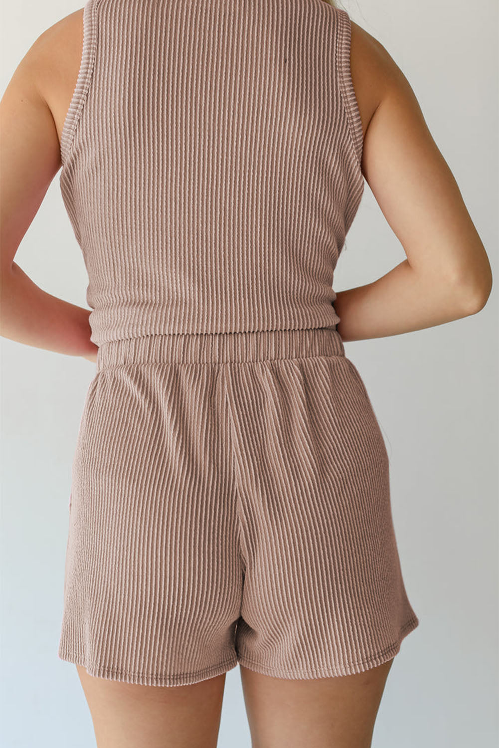 Smoke Gray Corded Sleeveless Top and Pocketed Shorts Set - Ballimart
