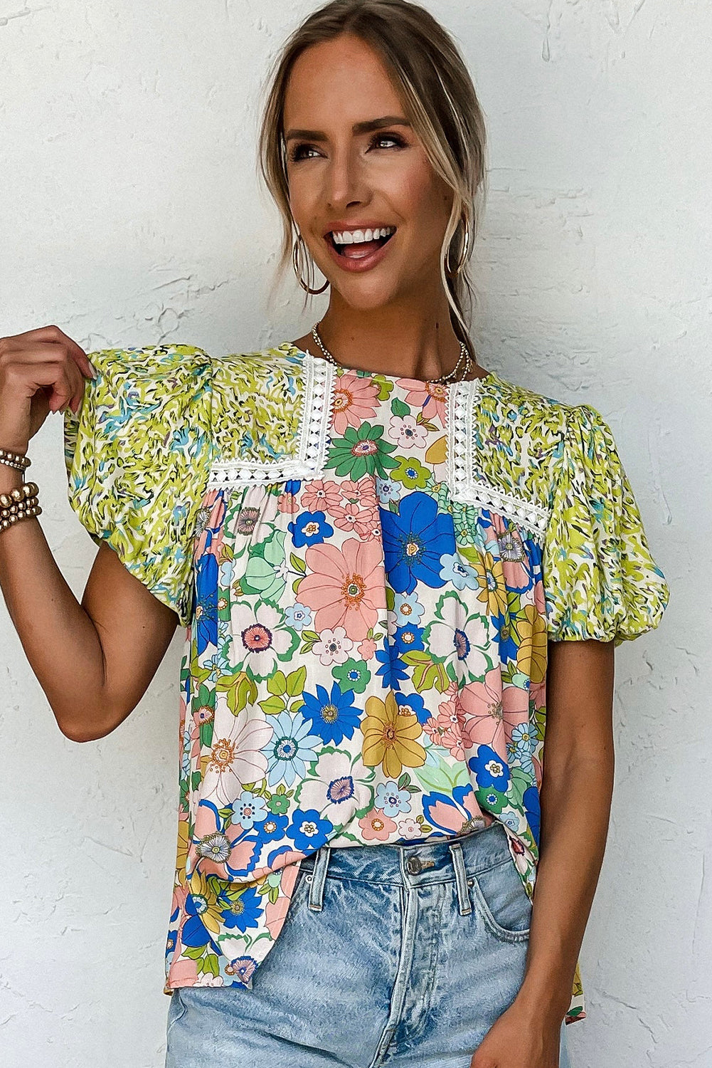 Green Bubble Sleeve Lace Trim Floral Mixed Print Blouse - Ballimart