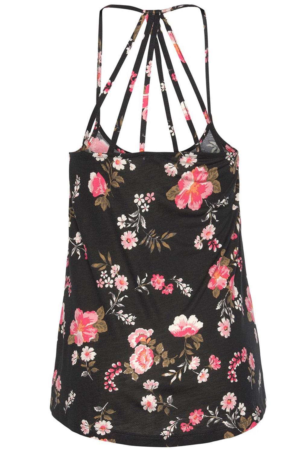 Black Floral Spaghetti Straps Strappy Back Tank Top - Ballimart