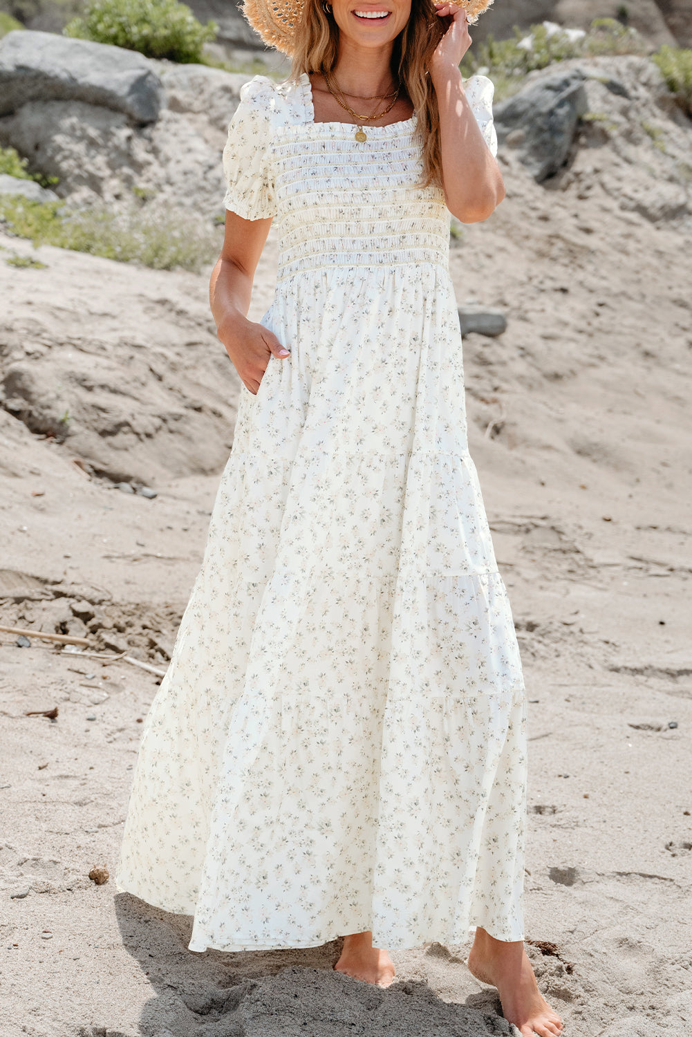 White Frilly Shirred Bodice Tiered Floral Maxi Dress - Ballimart