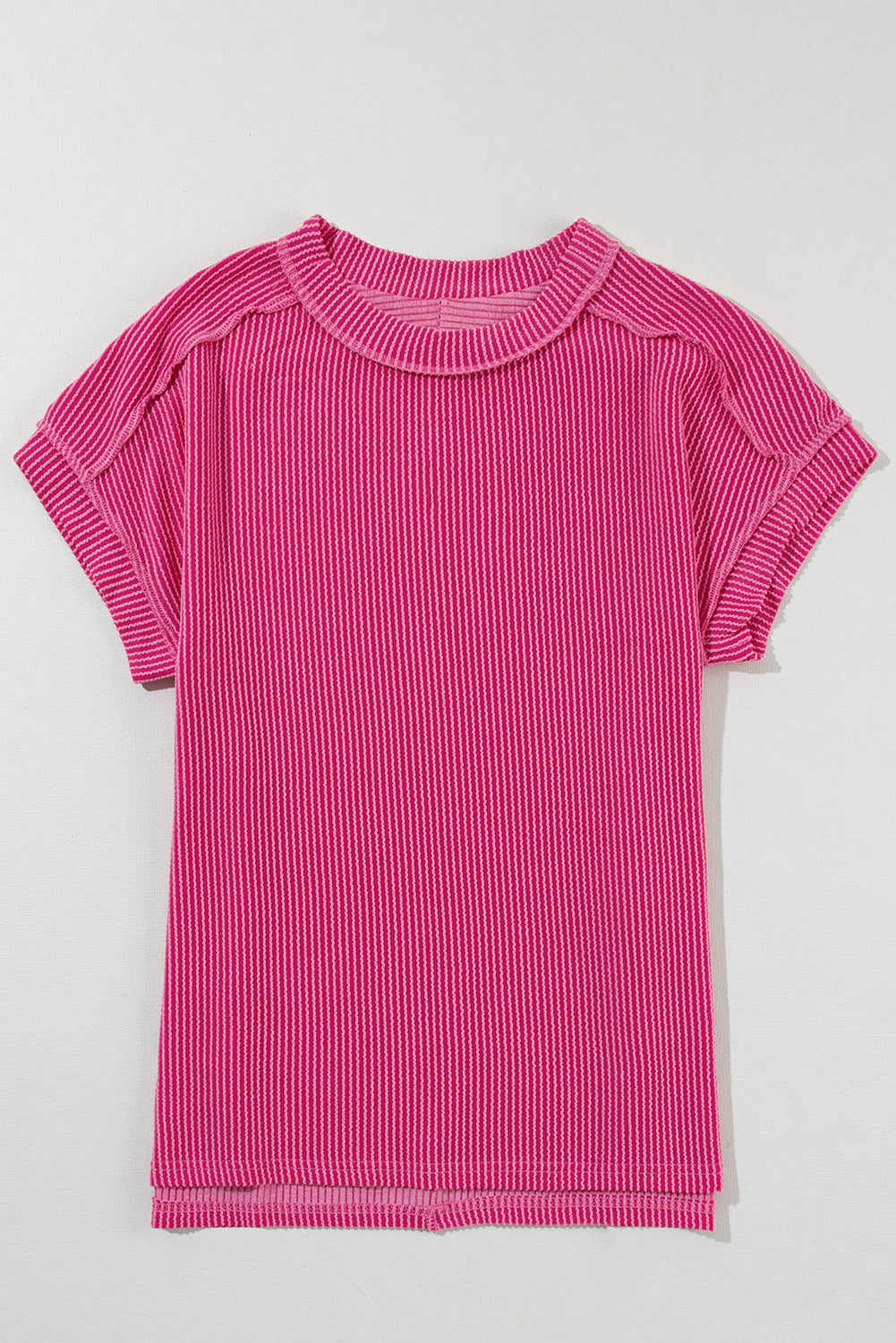 Rose Red Textured Knit Exposed Stitching T-shirt - Ballimart