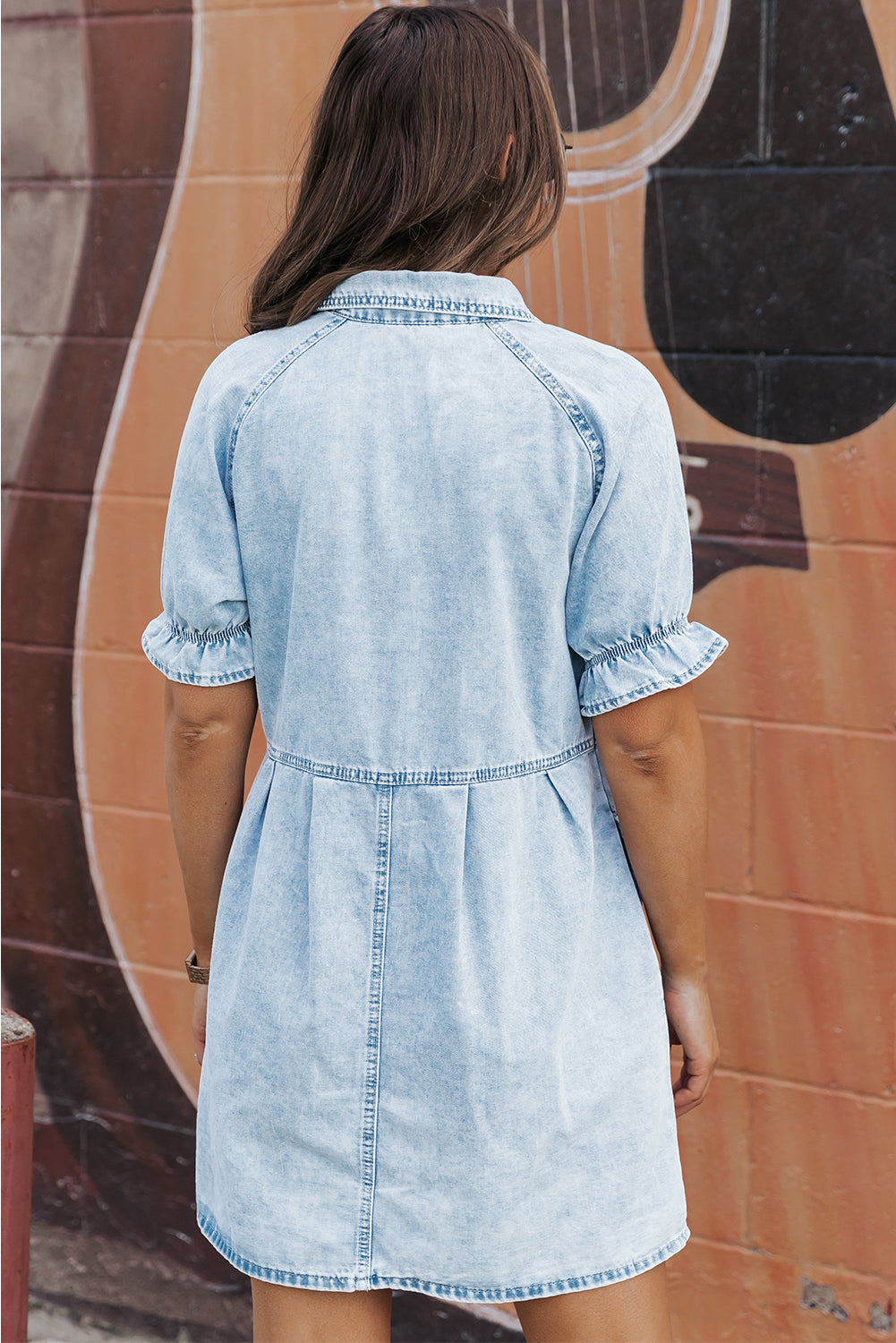 Beau Blue Mineral Wash Ruffled Short Sleeve Buttoned Denim Dress - Ballimart