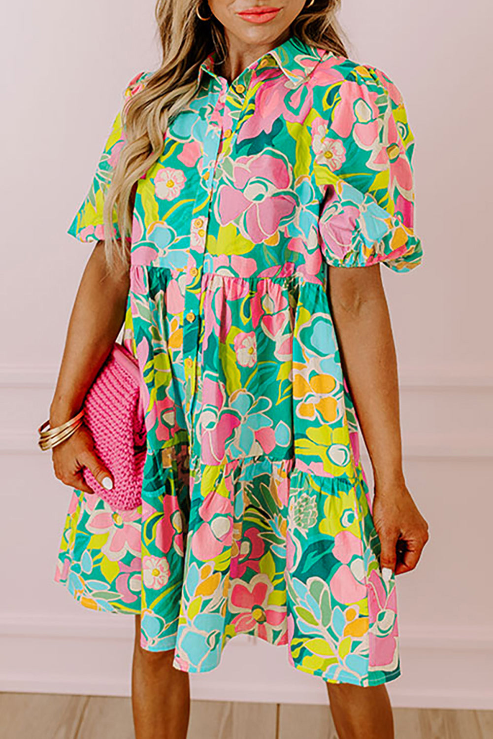 Green Floral Puff Sleeve Collar Buttoned Babydoll Dress - Ballimart