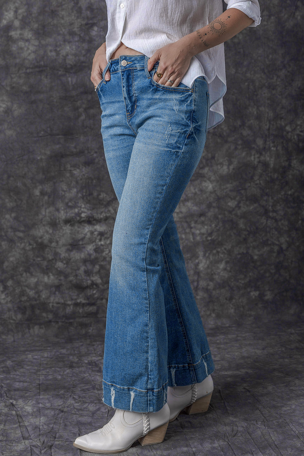 Sky Blue Slight Distressed Medium Wash Flare Jeans - Ballimart