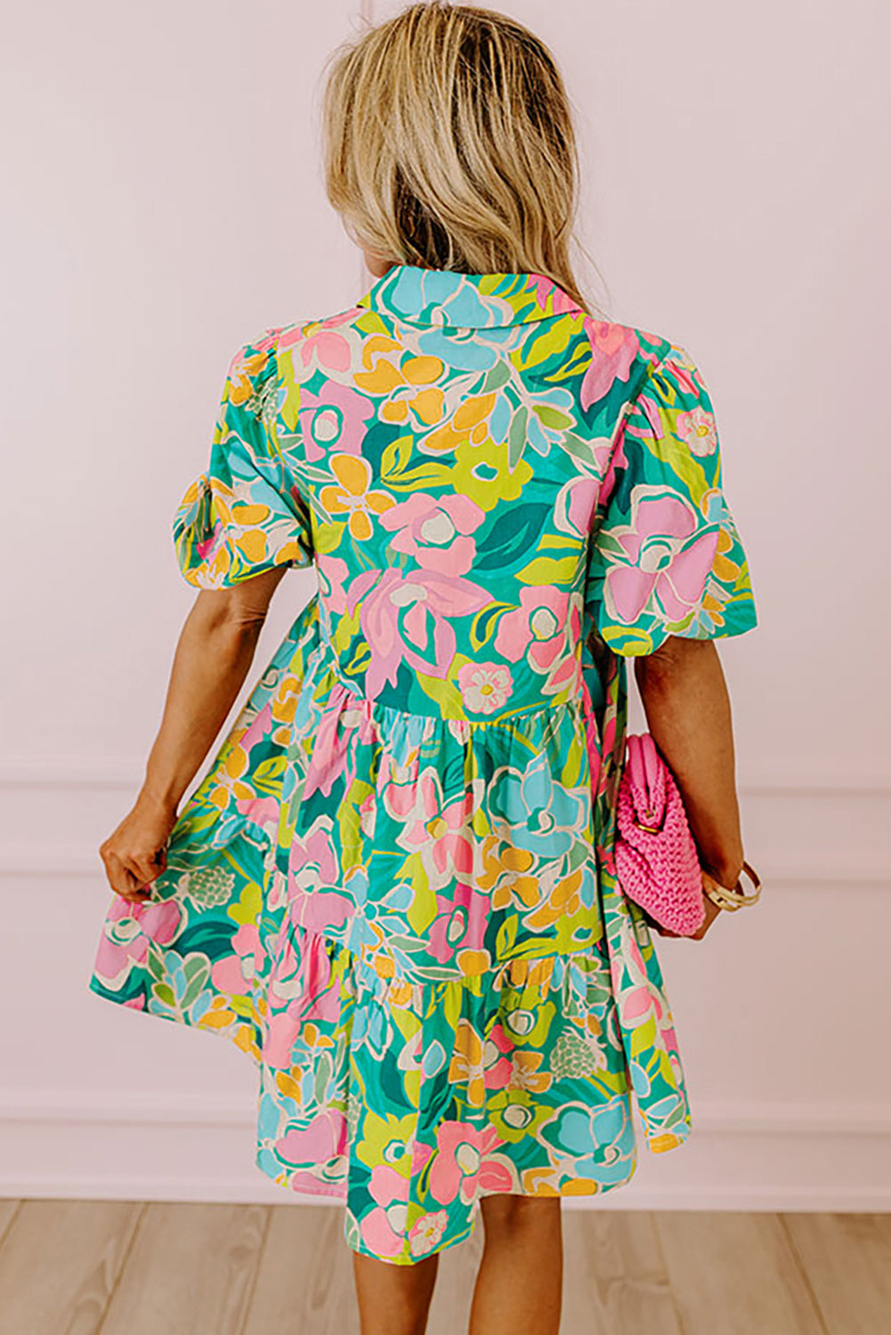 Green Floral Puff Sleeve Collar Buttoned Babydoll Dress - Ballimart