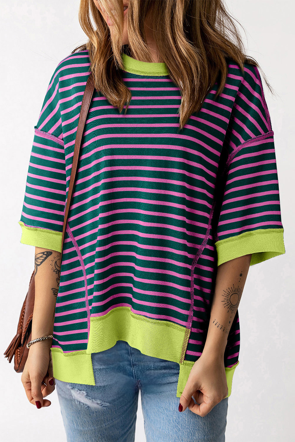 Green Stripe Oversized Contrast Trim Exposed Seam High Low T Shirt - Ballimart