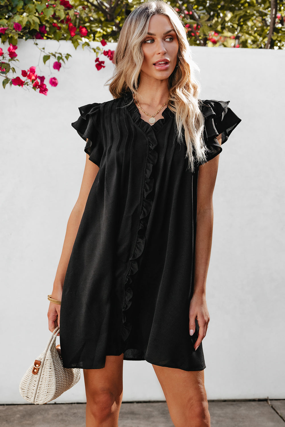 Black Ruffle Sleeve V Neck Frilled Shift Dress - Ballimart