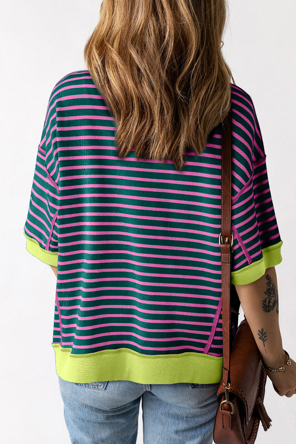 Green Stripe Oversized Contrast Trim Exposed Seam High Low T Shirt - Ballimart