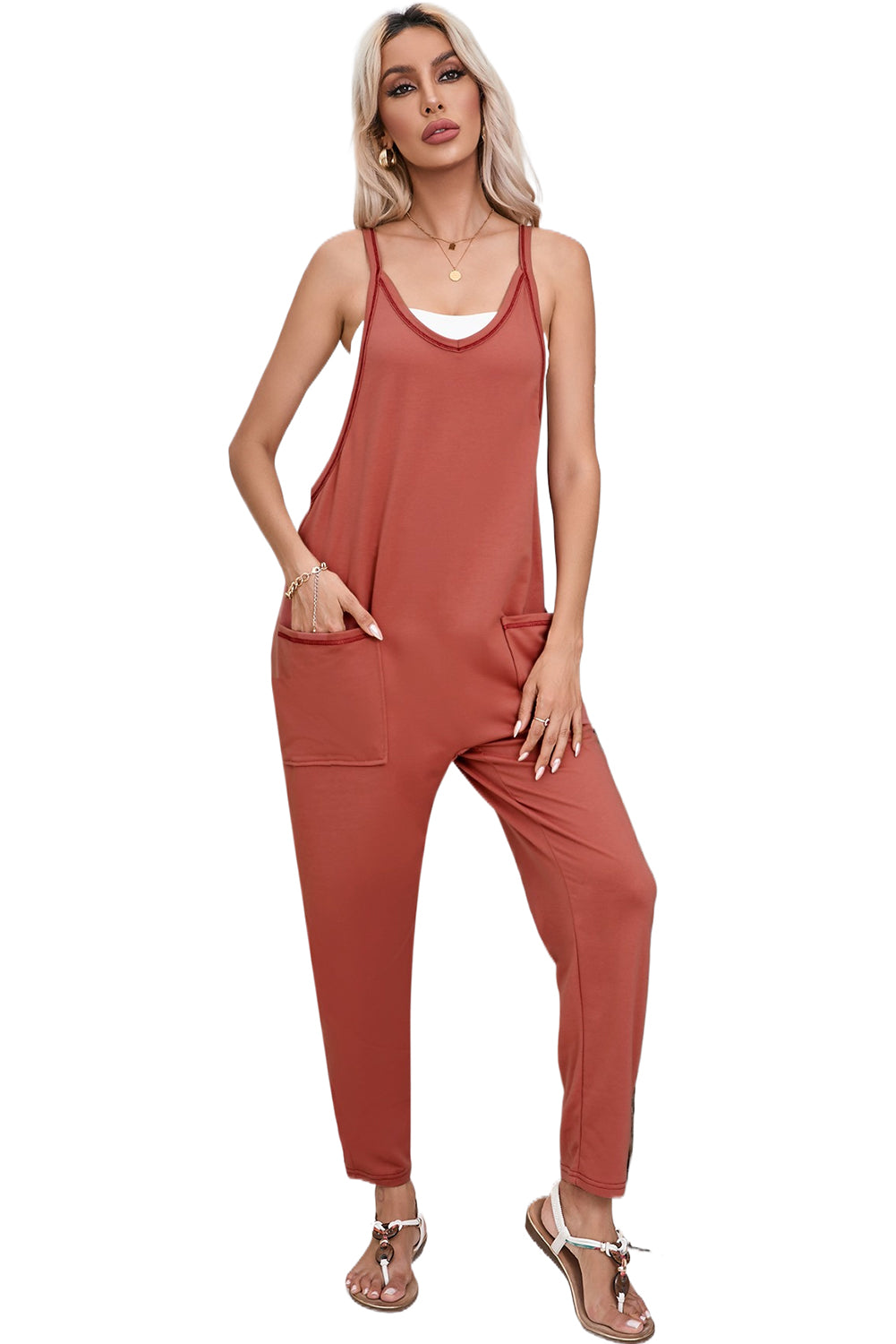 Gold Flame Side Pockets Harem Pants Sleeveless V Neck Jumpsuit - Ballimart