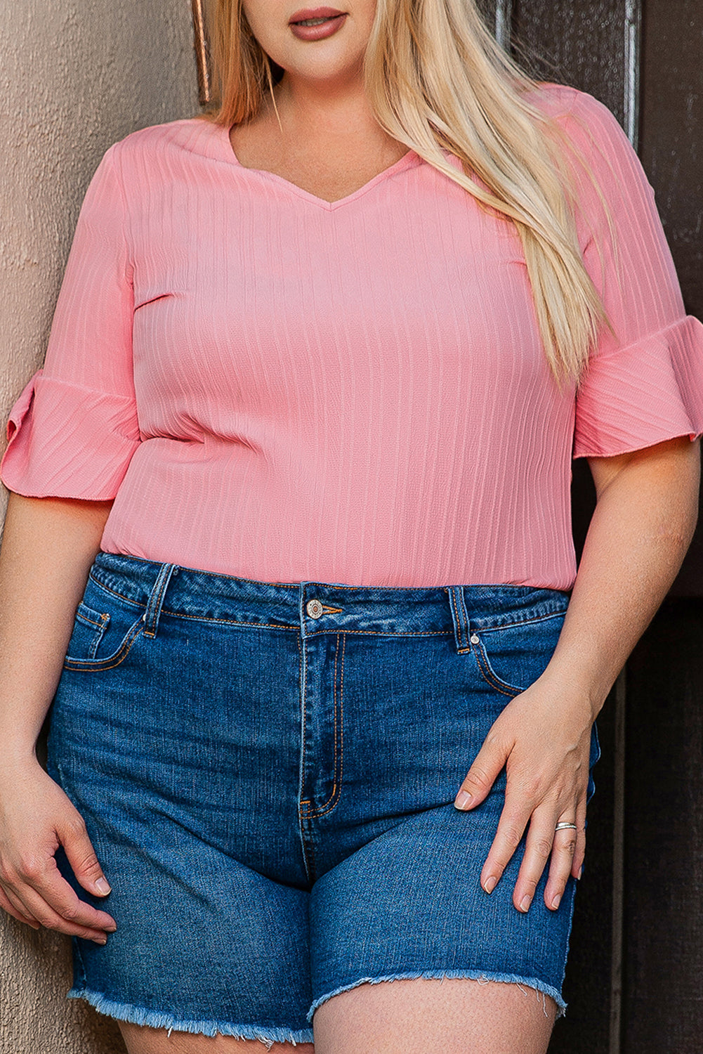 Peach Blossom Ruffled Half Sleeve V Neck Textured Plus Top - Ballimart