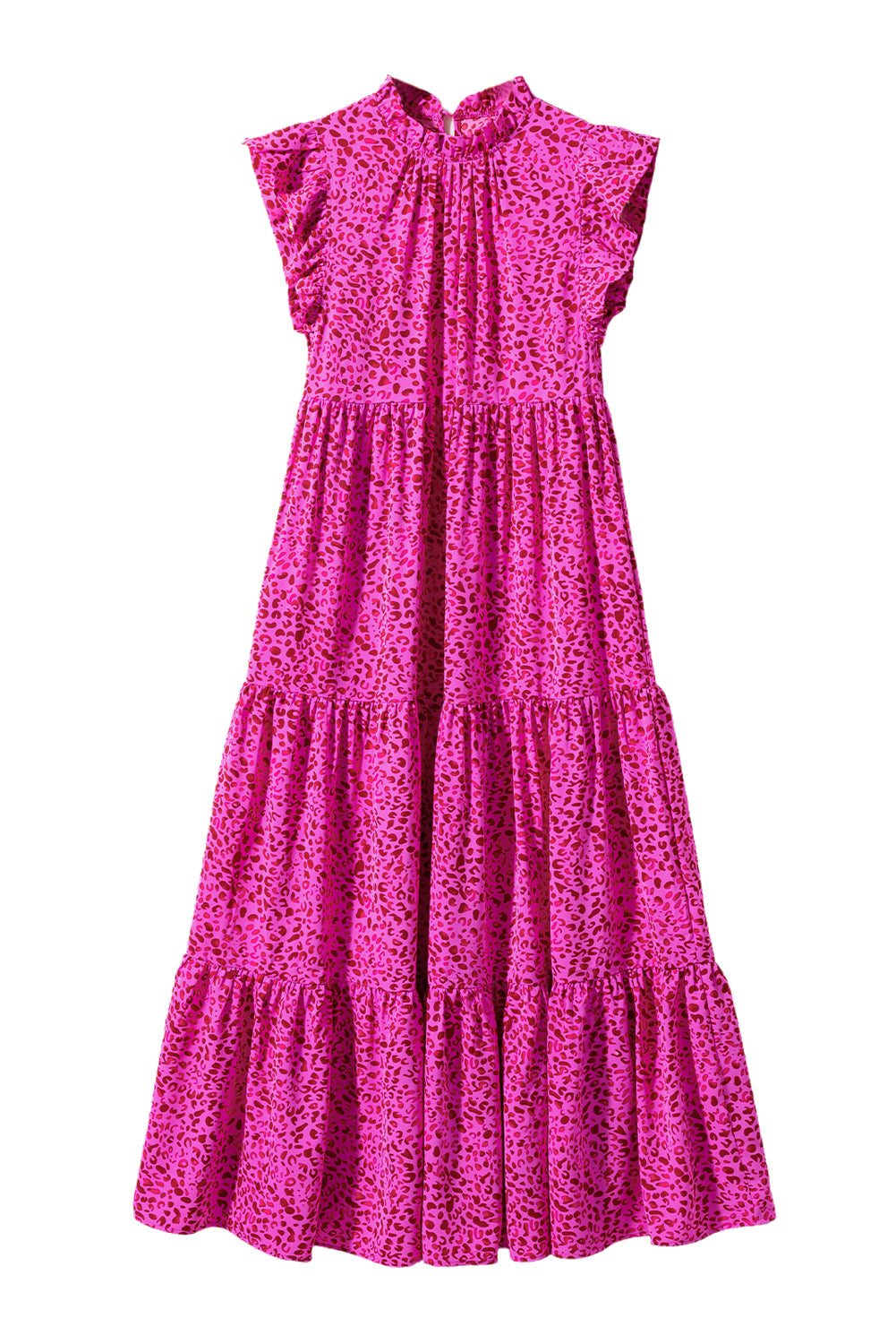 Rose Red Leopard Print Ruffled Trim Tiered Maxi Dress - Ballimart