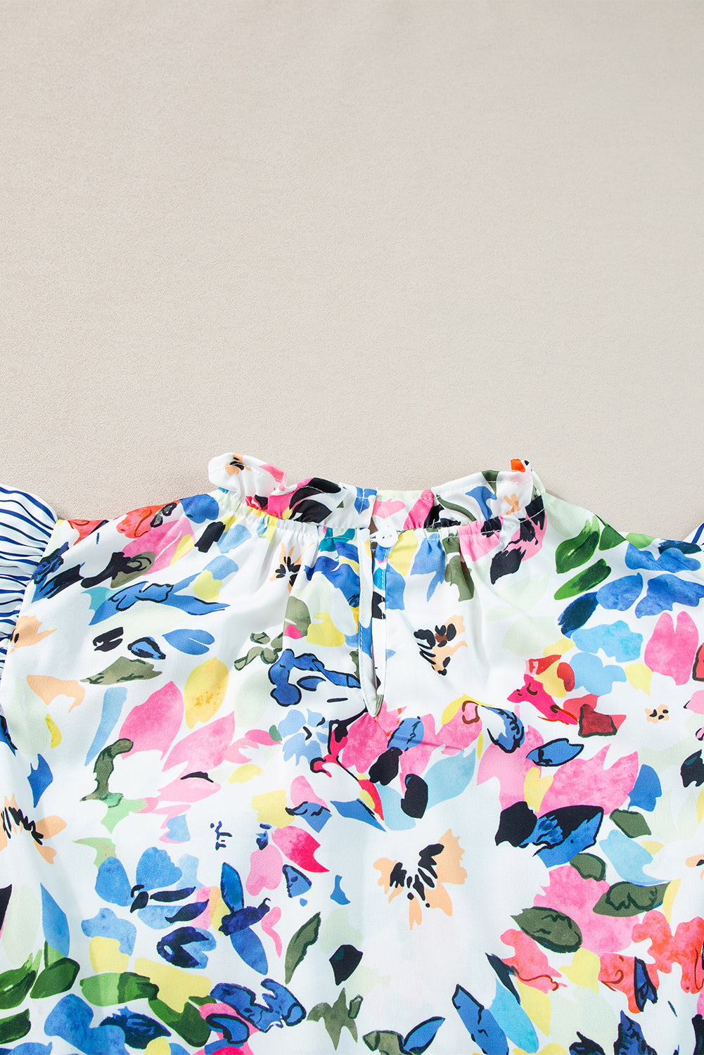 Light Blue Floral Print Striped Ruffled Sleeve Blouse - Ballimart