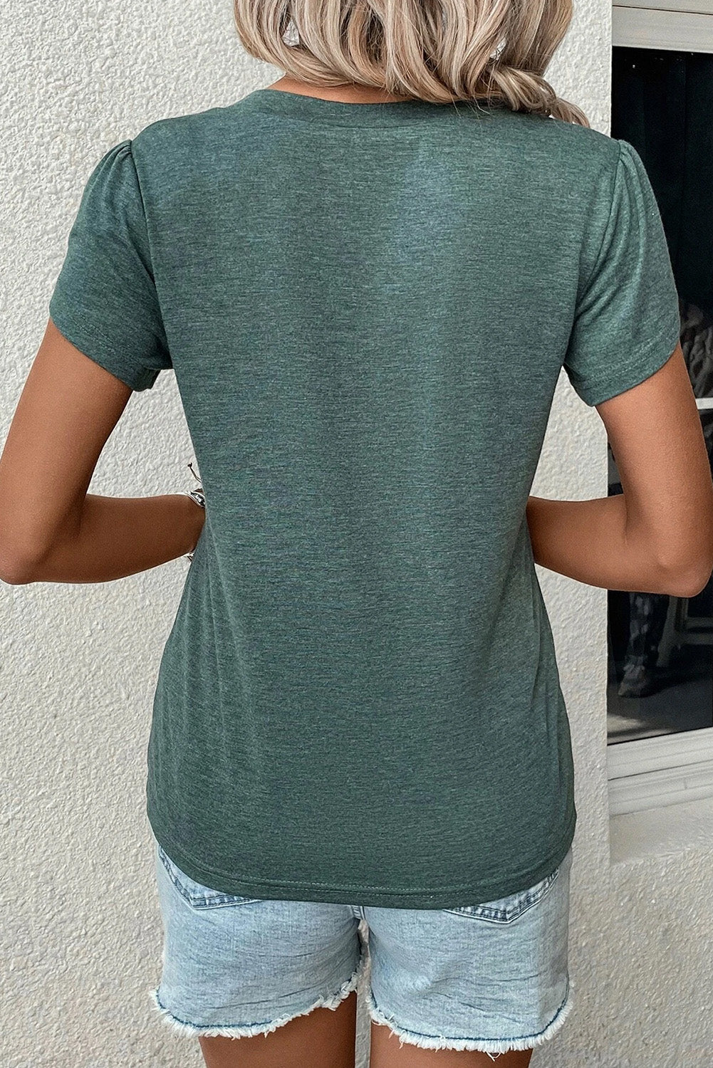 Mist Green Fashion Petal Sleeve V Neck T Shirt - Ballimart