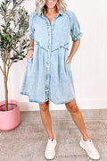 Beau Blue Mineral Wash Ruffled Short Sleeve Buttoned Denim Dress - Ballimart