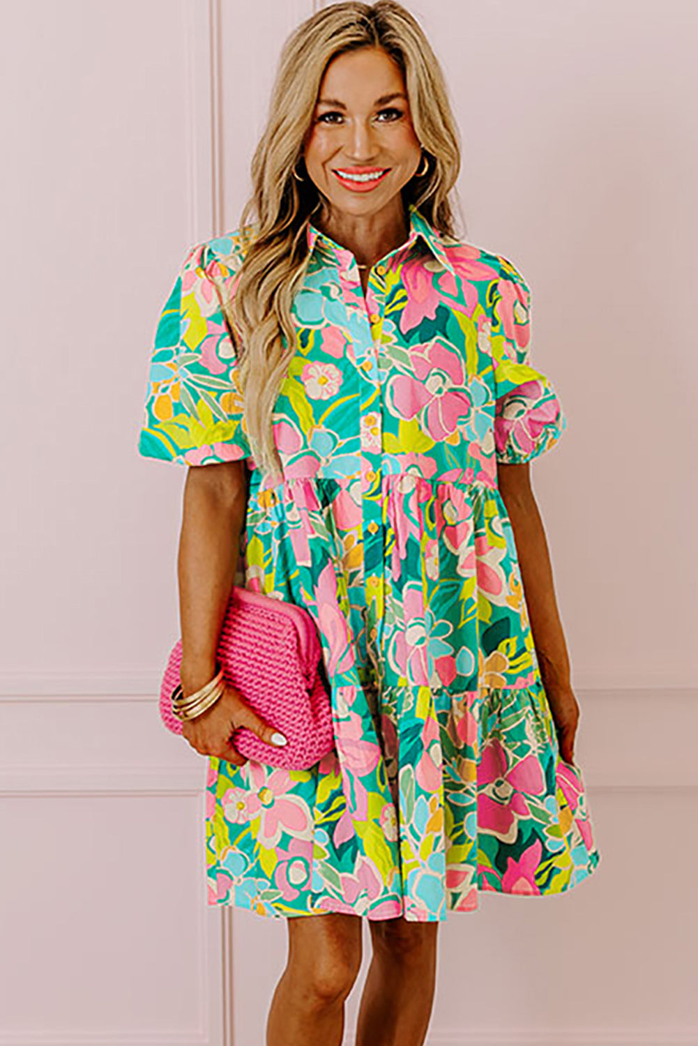 Green Floral Puff Sleeve Collar Buttoned Babydoll Dress - Ballimart