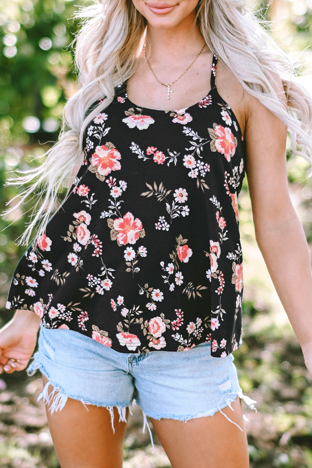 Black Floral Spaghetti Straps Strappy Back Tank Top - Ballimart