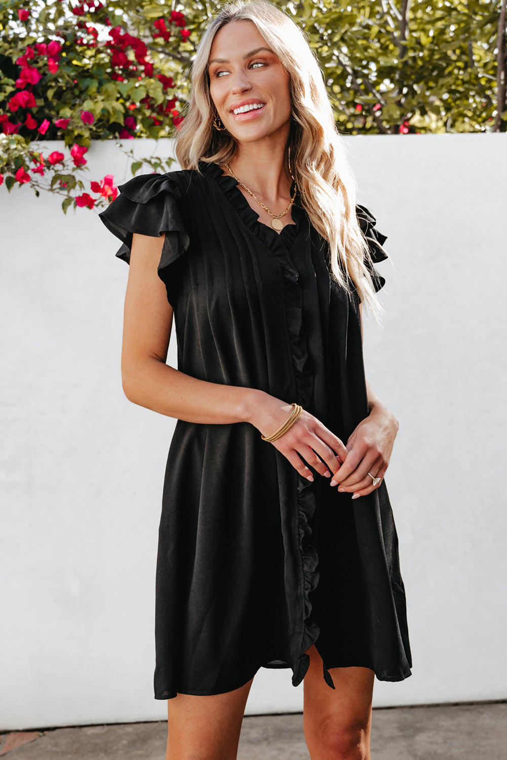 Black Ruffle Sleeve V Neck Frilled Shift Dress - Ballimart