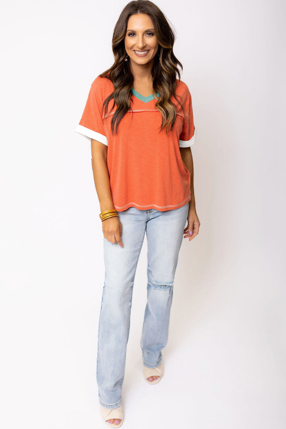 Grapefruit Orange Contrast Trim Exposed Seam V Neck T-shirt - Ballimart
