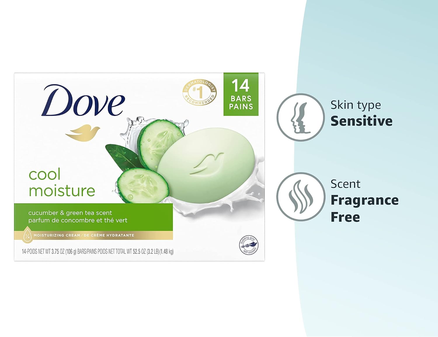 Dove Skin Care Beauty Bar – Cucumber & Green Tea, More Moisturizing Than Soap – 3.75 oz, 14 Bars