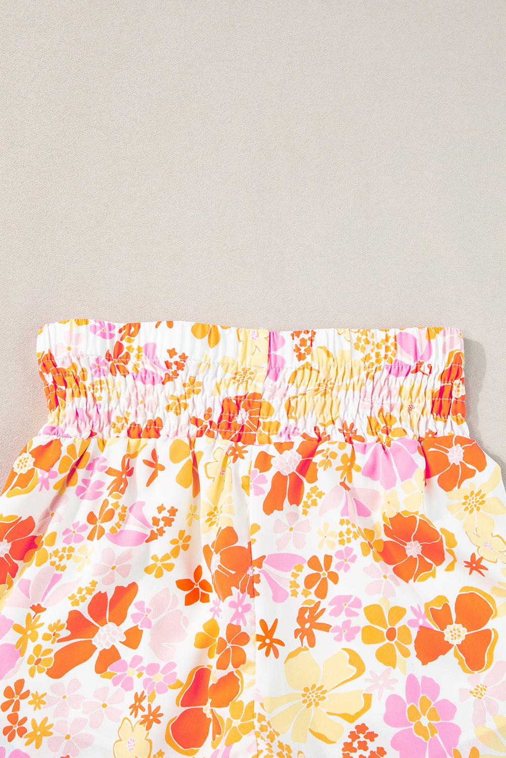 Orange Boho Floral Shirred High Waist Casual Shorts - Ballimart