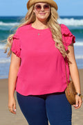 Bright Pink Ruffled Short Sleeve Plus Size Top - Ballimart
