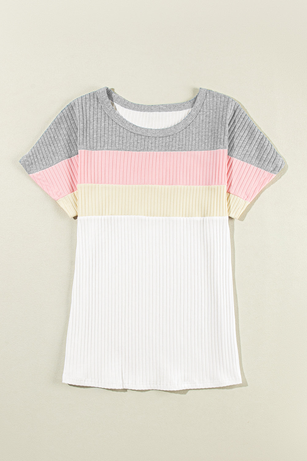 White Ribbed Color Block Patchwork T-shirt - Ballimart