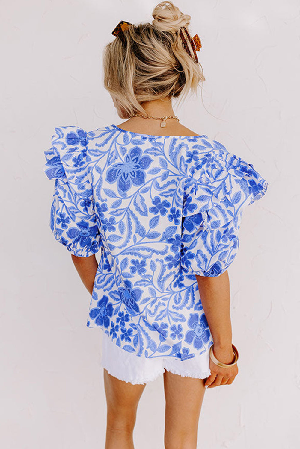 Dark Blue Floral Print Ruffled Bubble Sleeve Blouse - Ballimart