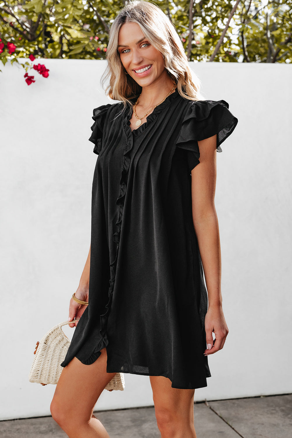 Black Ruffle Sleeve V Neck Frilled Shift Dress - Ballimart
