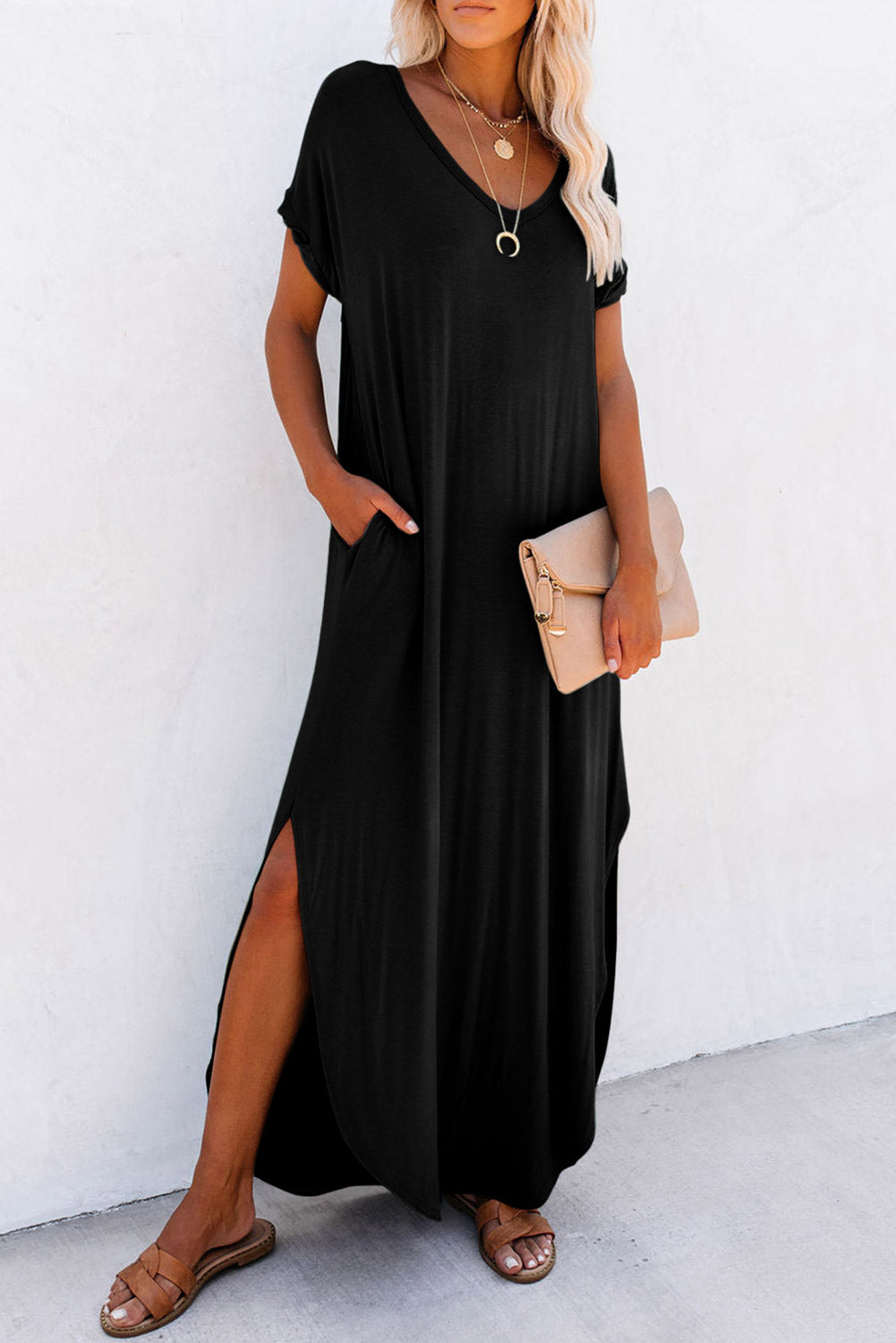 Black V Neck Hidden Pocket Splits Maxi T-shirt Dress - Ballimart
