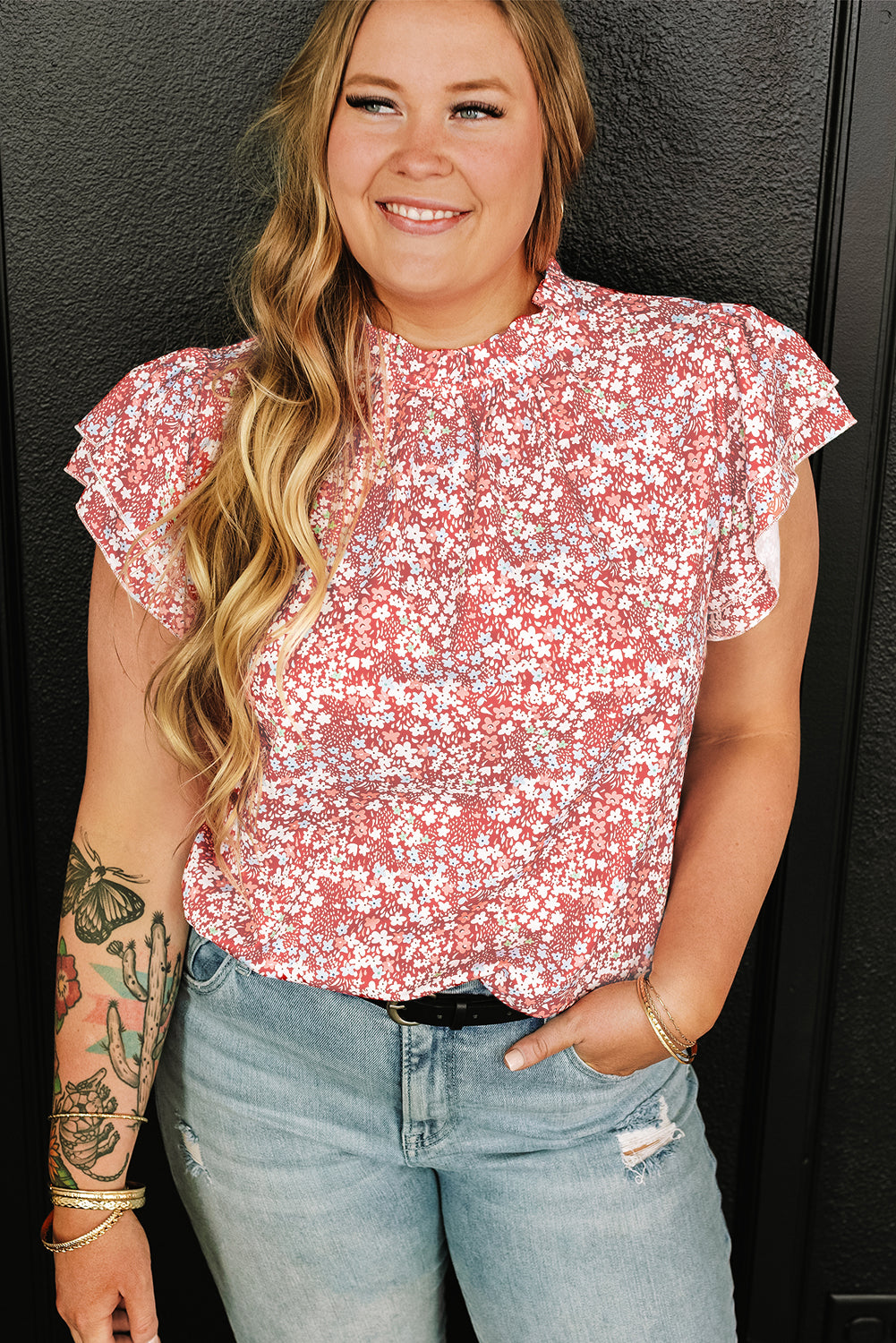 Pink Plus Size Floral Print Ruffled Sleeve Frilled Neck Blouse - Ballimart