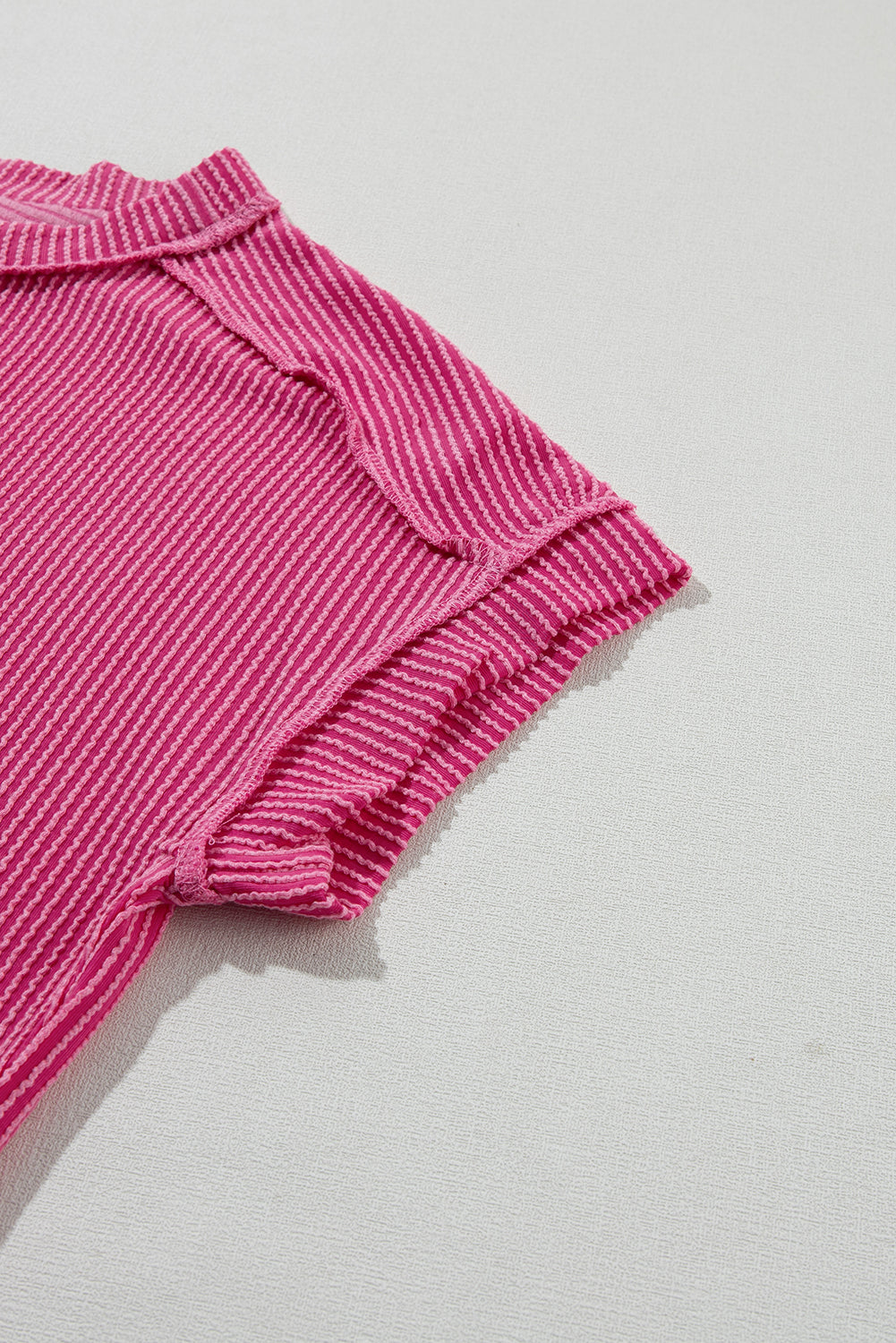 Rose Red Textured Knit Exposed Stitching T-shirt - Ballimart