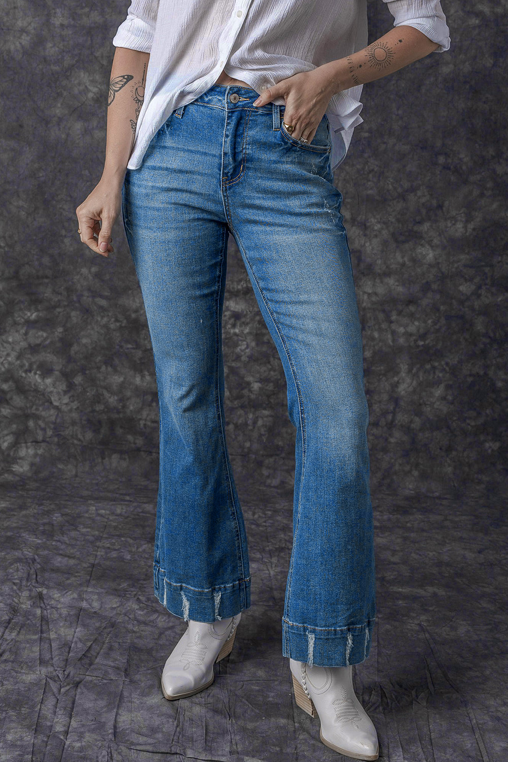 Sky Blue Slight Distressed Medium Wash Flare Jeans - Ballimart
