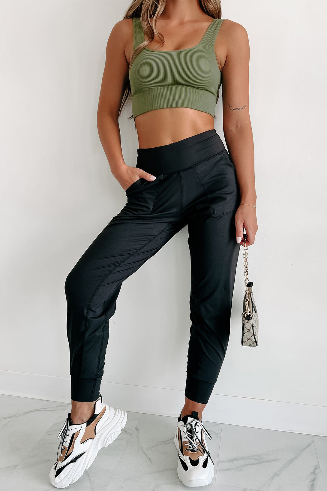 Black Exposed Seam High Waist Pocketed Joggers - Ballimart