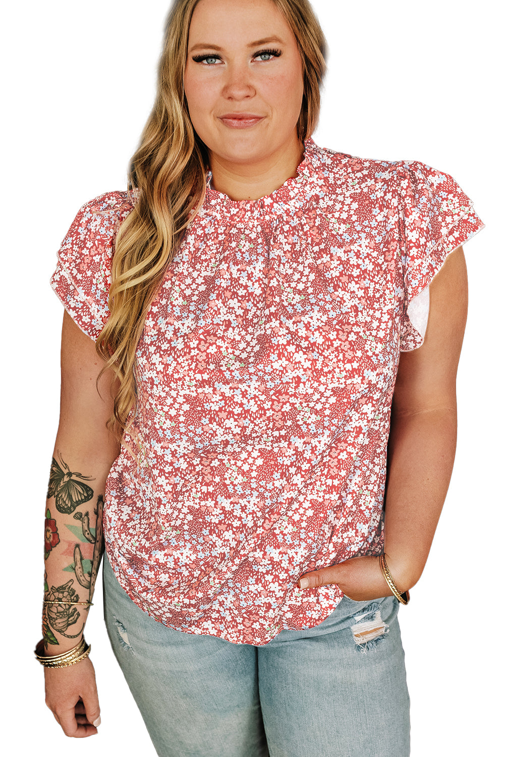 Pink Plus Size Floral Print Ruffled Sleeve Frilled Neck Blouse - Ballimart