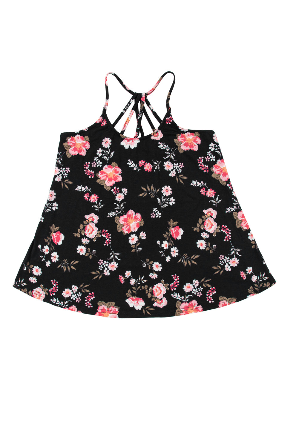 Black Floral Spaghetti Straps Strappy Back Tank Top - Ballimart