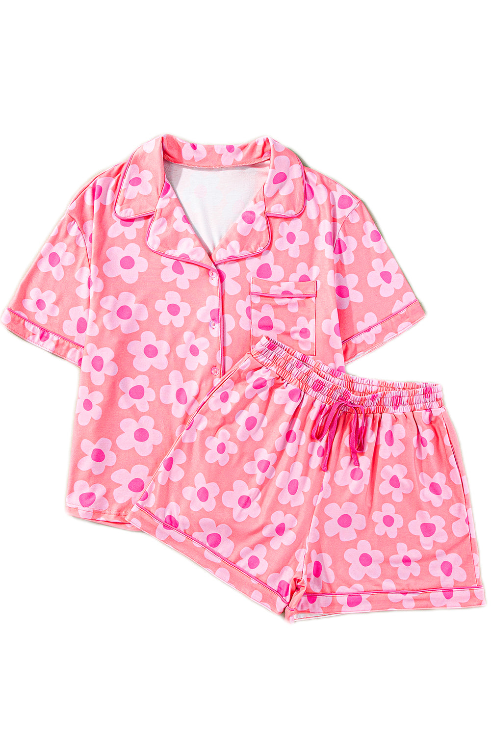 Pink Flower Print Short Sleeve Shirt Pajamas Set - Ballimart