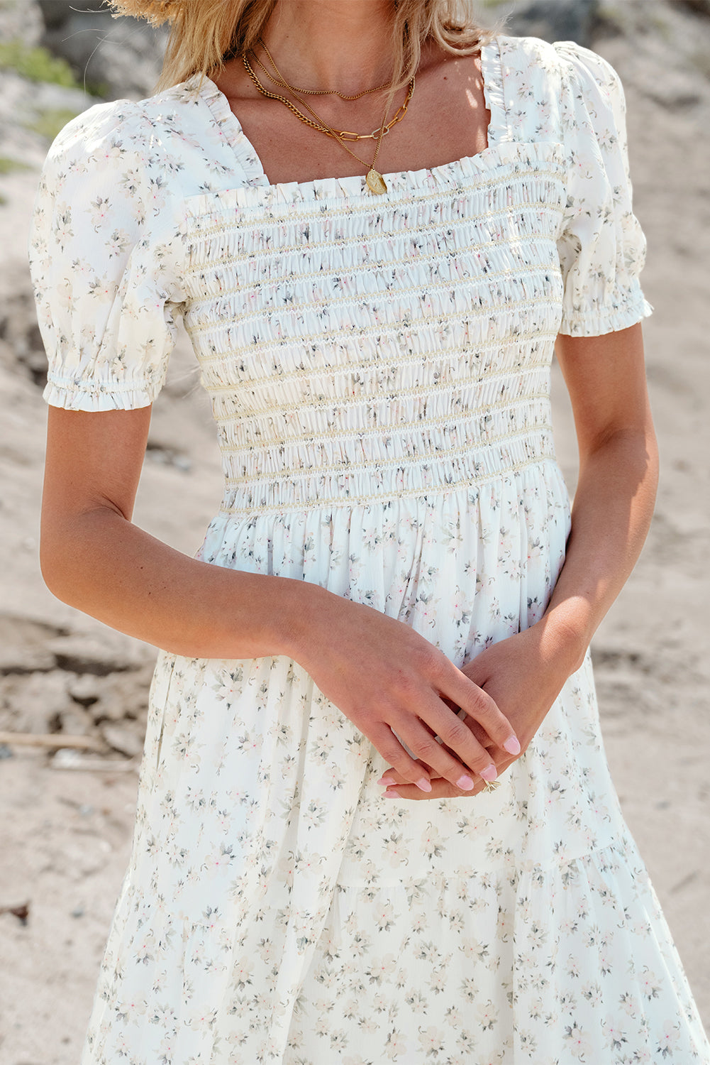 White Frilly Shirred Bodice Tiered Floral Maxi Dress - Ballimart