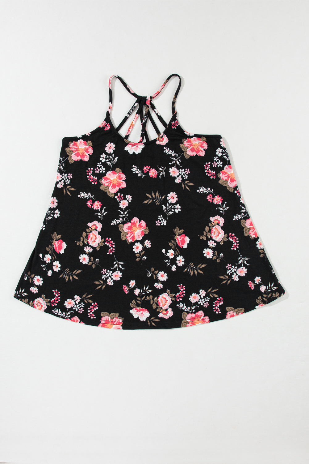 Black Floral Spaghetti Straps Strappy Back Tank Top - Ballimart