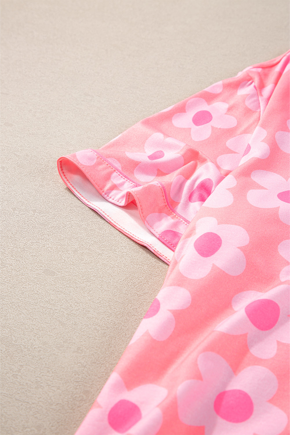 Pink Flower Print Short Sleeve Shirt Pajamas Set - Ballimart