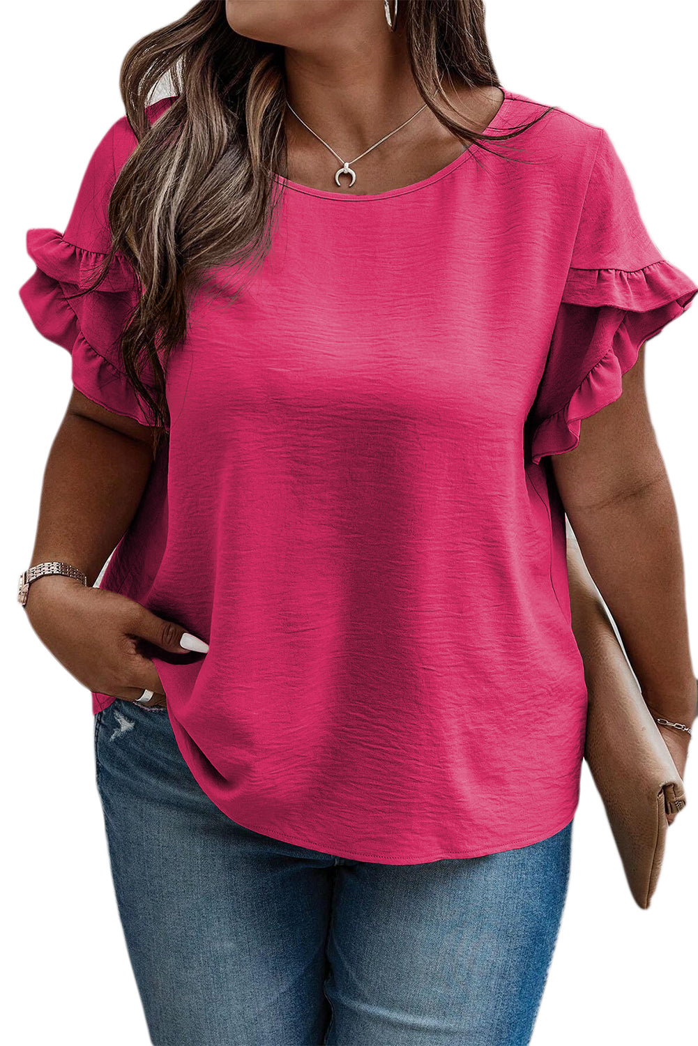Bright Pink Ruffled Short Sleeve Plus Size Top - Ballimart