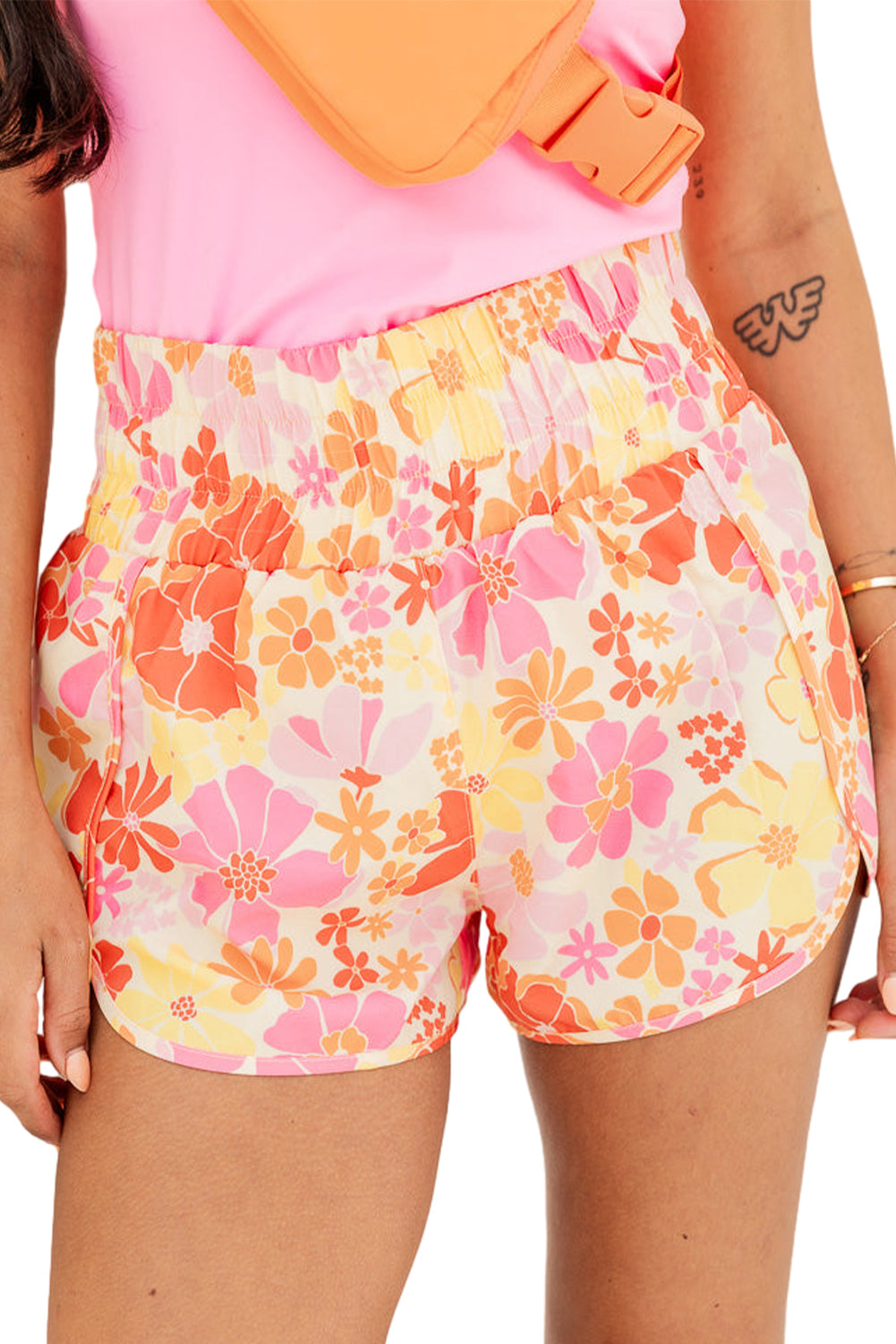 Orange Boho Floral Shirred High Waist Casual Shorts - Ballimart