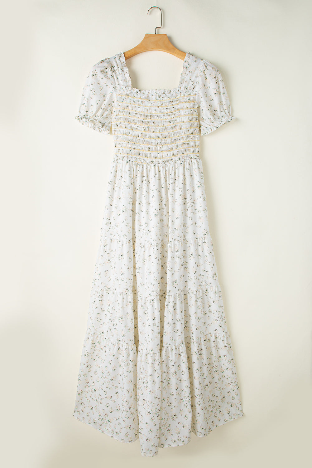 White Frilly Shirred Bodice Tiered Floral Maxi Dress - Ballimart
