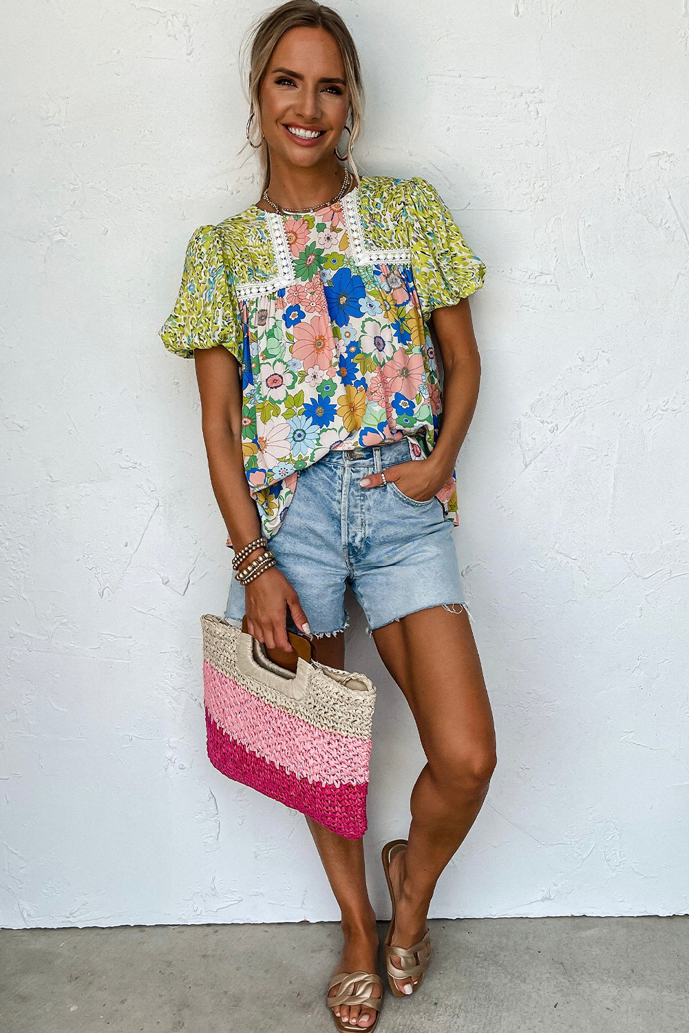 Green Bubble Sleeve Lace Trim Floral Mixed Print Blouse - Ballimart