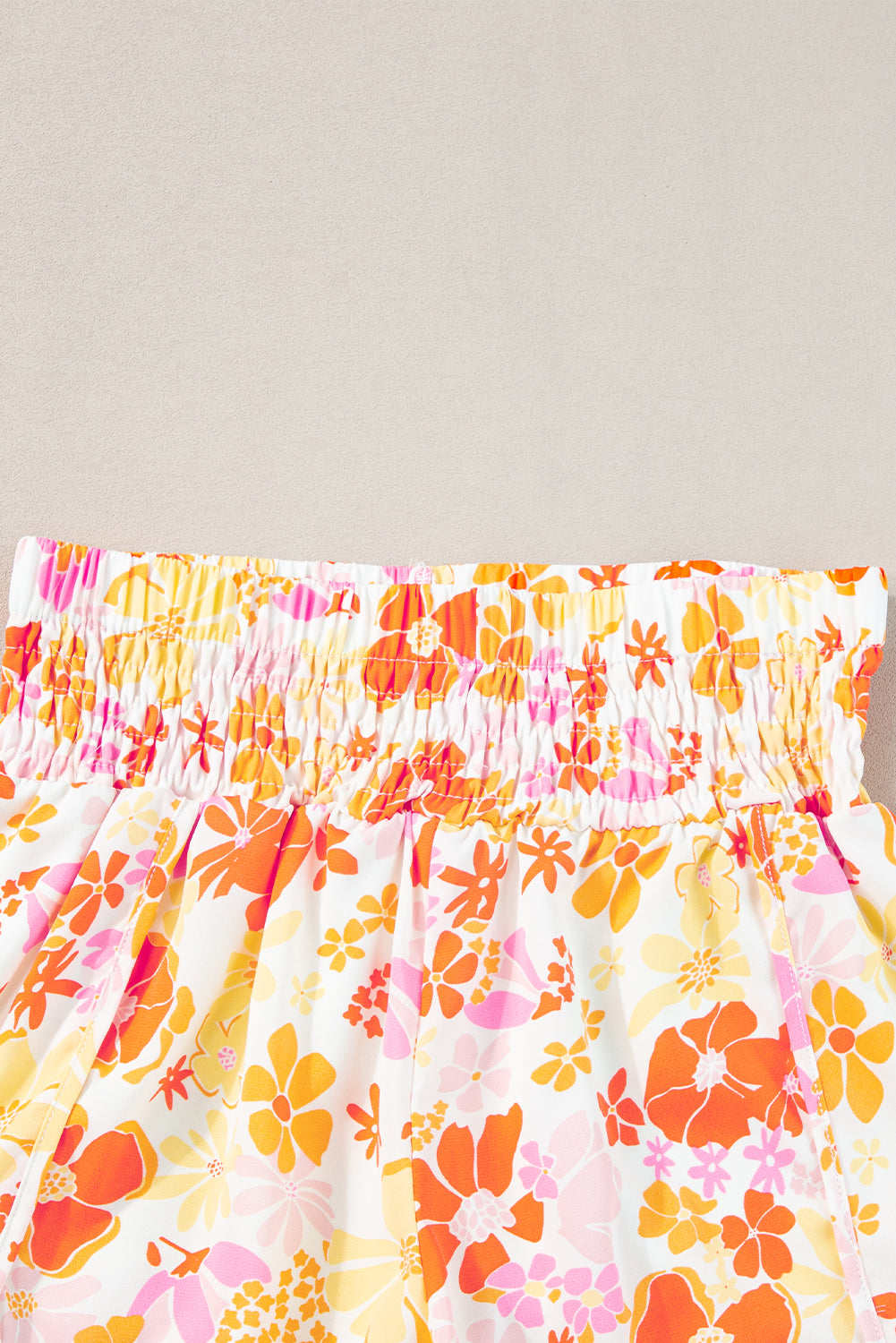 Orange Boho Floral Shirred High Waist Casual Shorts - Ballimart