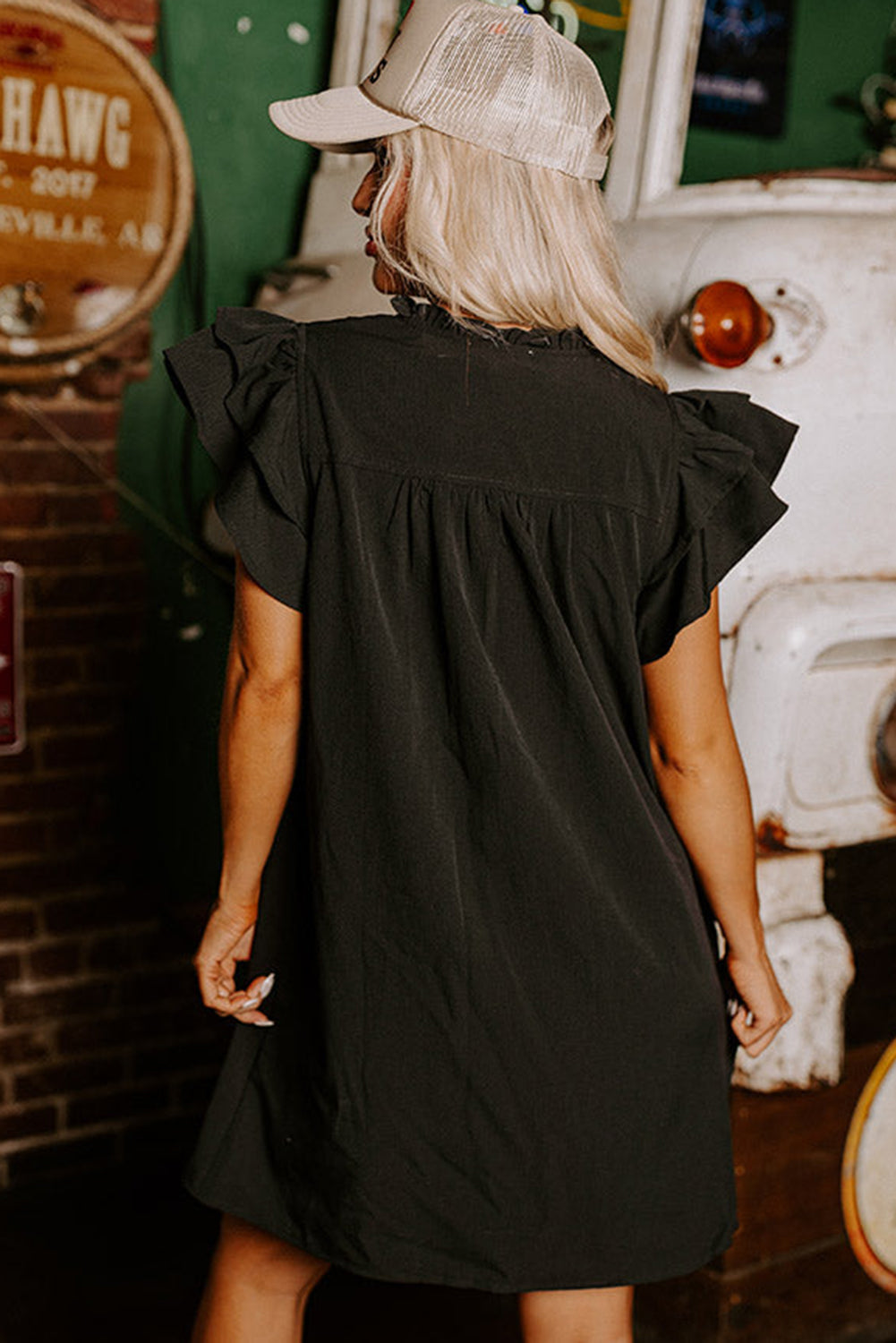 Black Ruffle Sleeve V Neck Frilled Shift Dress - Ballimart