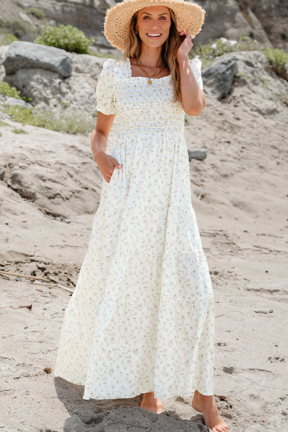 White Frilly Shirred Bodice Tiered Floral Maxi Dress - Ballimart