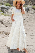 White Frilly Shirred Bodice Tiered Floral Maxi Dress - Ballimart